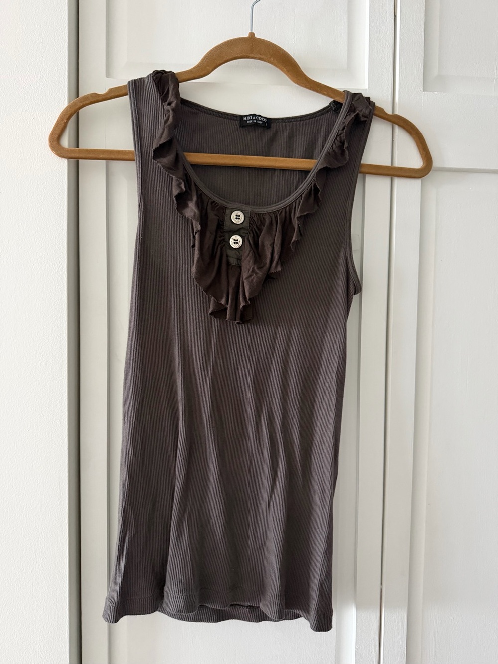 Mimi & Coco Brown Ribbed Cotton Ruffle Tank Top L y2k